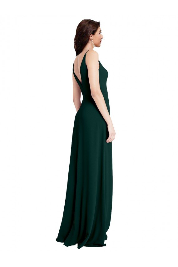 Affordable Slim A-Line V-Neck Full Length Formal Crepe Bridesmaid Dress / Prom Dress with Side Slit
