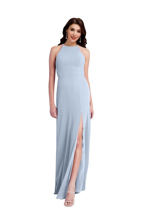 Affordable Fit and Flare High Neck Formal Crepe Bridesmaid Dress / Prom Dress with Side Slit