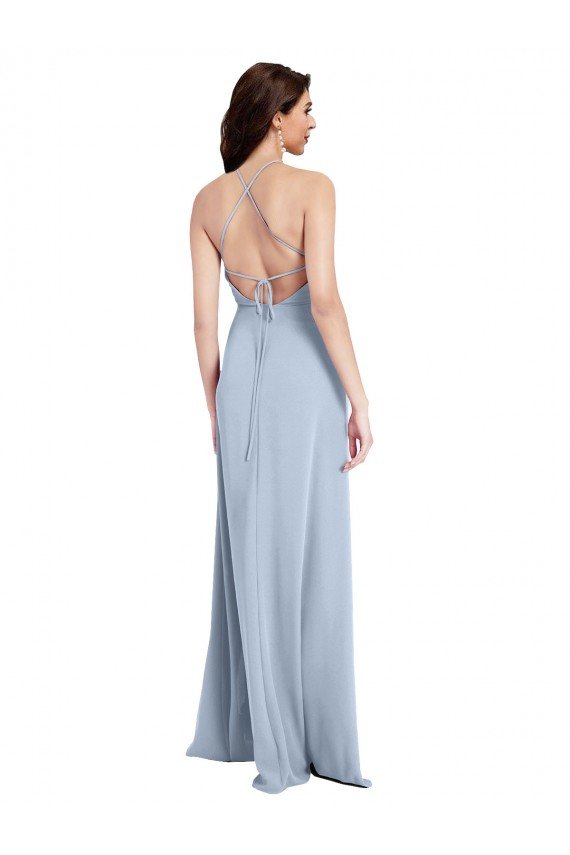 Affordable Fit and Flare High Neck Formal Crepe Bridesmaid Dress / Prom Dress with Side Slit