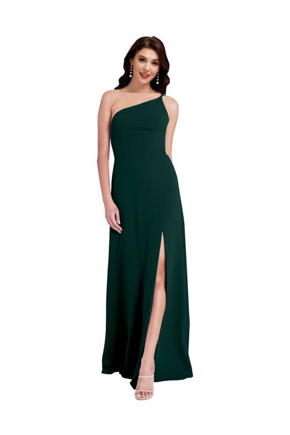 Affordable A-Line Slim One Shoulder Formal Crepe Bridesmaid Dress / Prom Dress with Asymmetrical Straps and Side Slit