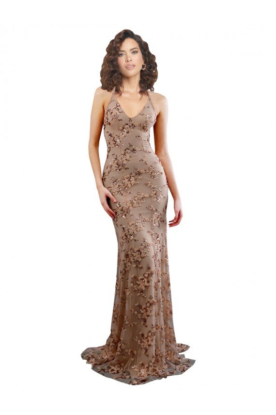 Affordable Floral Patterned Backless V-Neckline Sequin Formal Bridesmaid Dress / Prom Dress
