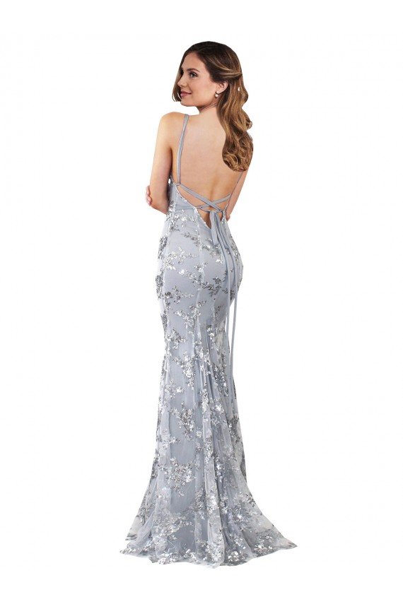 Affordable Silver V-Neckline Backless Floral Patterned Sequin Formal Bridesmaid Dress / Prom Dress