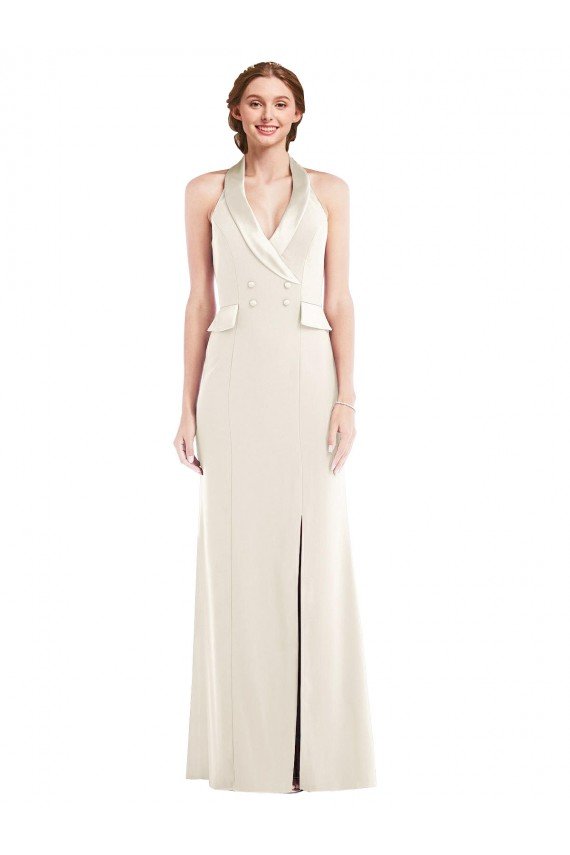 Affordable Halter Tuxedo Maxi Bridesmaid Dress / Prom Dress with Front Slit