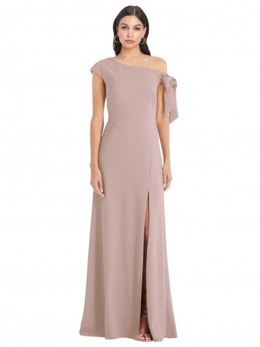 Affordable Off the Shoulder Tie Detail Maxi Formal Crepe Bridesmaid Dress / Prom Dress with Front Slit