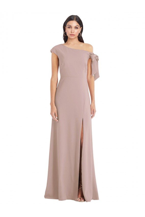 Affordable Off the Shoulder Tie Detail Maxi Formal Crepe Bridesmaid Dress / Prom Dress with Front Slit