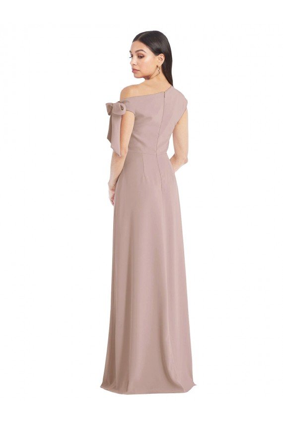 Affordable Off the Shoulder Tie Detail Maxi Formal Crepe Bridesmaid Dress / Prom Dress with Front Slit