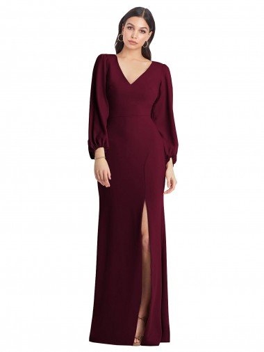 Affordable Long Puff Sleeve V-Neck Trumpet Bridesmaid Maxi Dress