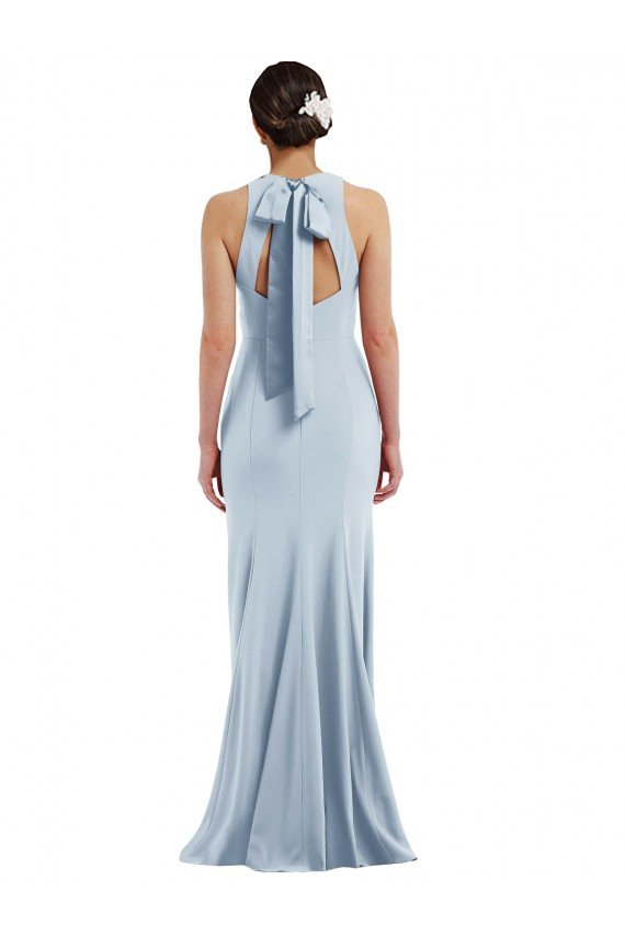 Affordable Cutout Open Back Halter Maxi Formal Crepe Bridesmaid Dress / Prom Dress with Scarf Tie