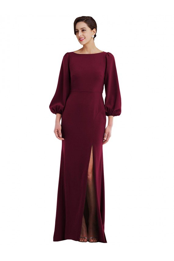 Affordable Bishop Sleeve Open Back Trumpet Formal Crepe Bridesmaid Dress / Prom Dress with Scarf Tie