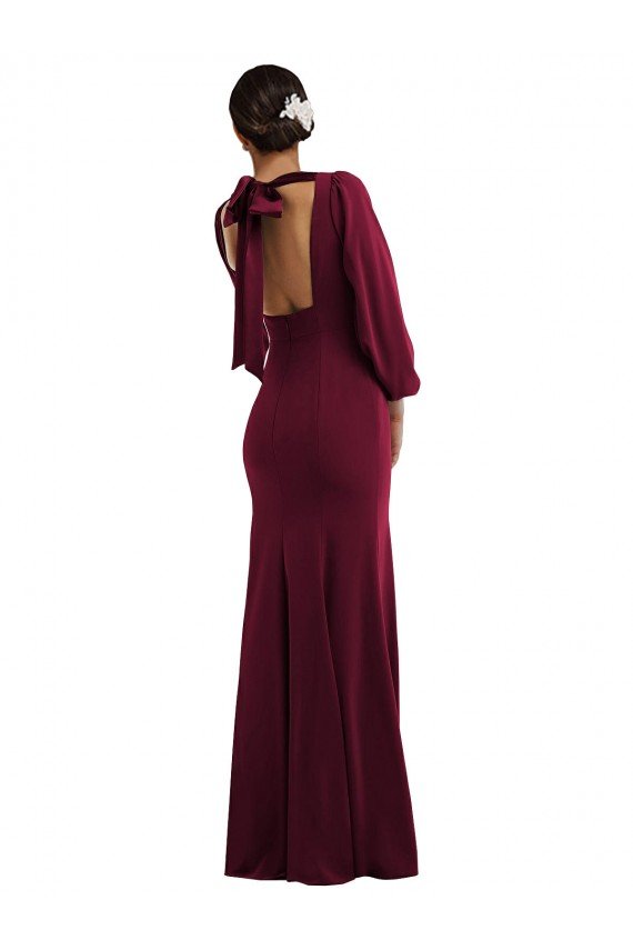 Affordable Bishop Sleeve Open Back Trumpet Formal Crepe Bridesmaid Dress / Prom Dress with Scarf Tie