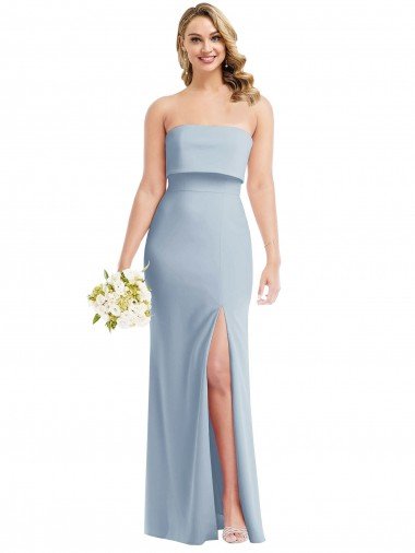 Affordable Strapless Overlay Bodice Crepe Maxi Bridesmaid Dress / Prom Dress with Front Slit