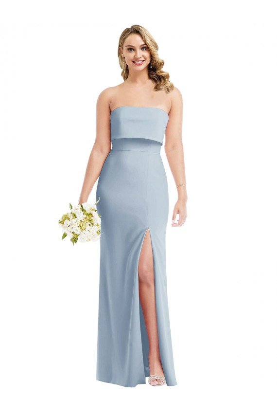 Affordable Strapless Overlay Bodice Crepe Maxi Bridesmaid Dress / Prom Dress with Front Slit