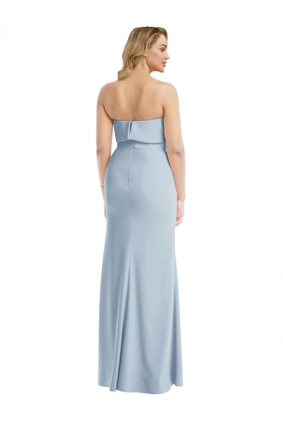Affordable Strapless Overlay Bodice Crepe Maxi Bridesmaid Dress / Prom Dress with Front Slit