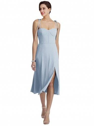 Affordable Midi Cocktail Length Bustier Crepe Bridesmaid Dress / Prom Dress with Back Bow Straps