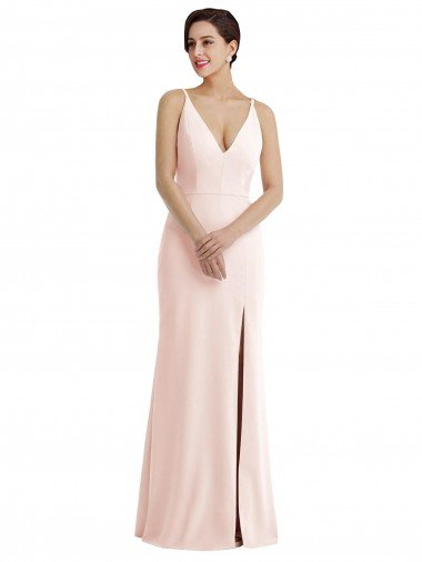 Affordable Skinny Strap Deep V-Neck Trumpet Formal Crepe Bridesmaid Dress / Prom Dress with Front Slit