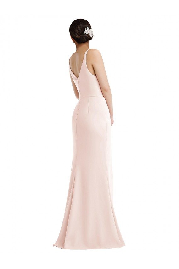 Affordable Skinny Strap Deep V-Neck Trumpet Formal Crepe Bridesmaid Dress / Prom Dress with Front Slit