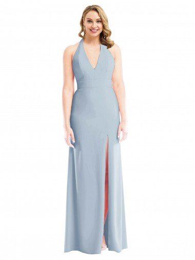Affordable Plunge Neck Halter Backless Trumpet Bridesmaid Dress / Prom Dress with Front Slit