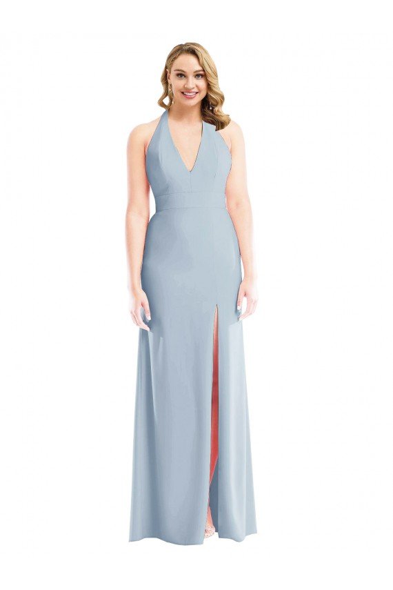 Affordable Plunge Neck Halter Backless Trumpet Bridesmaid Dress / Prom Dress with Front Slit