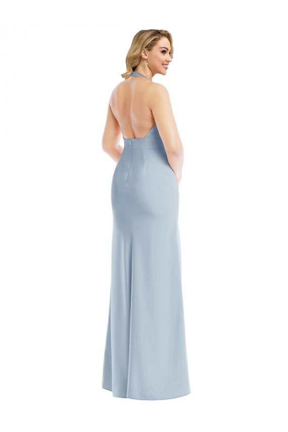 Affordable Plunge Neck Halter Backless Trumpet Bridesmaid Dress / Prom Dress with Front Slit