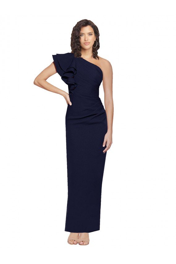 Affordable Ruched Floor Length Long Formal Crepe Bridesmaid Dress / Prom Dress with Shoulder Ruffles