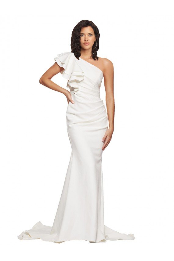 Affordable Ruched Long Sweep Train Crepe Bridesmaid Dress / Prom Dress with Shoulder Ruffles