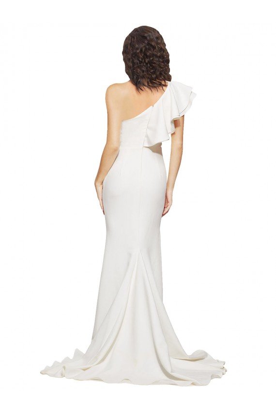 Affordable Ruched Long Sweep Train Crepe Bridesmaid Dress / Prom Dress with Shoulder Ruffles