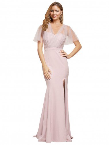 Affordable Crepe Long Sweetheart Neckline Formal Bridesmaid Dress / Prom Dress with Tulle Overlay Shoulders