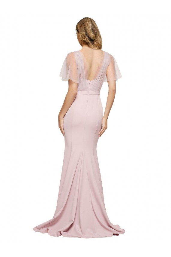 Affordable Crepe Long Sweetheart Neckline Formal Bridesmaid Dress / Prom Dress with Tulle Overlay Shoulders