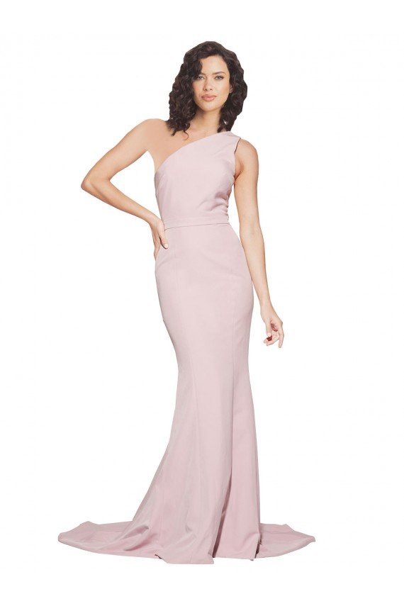 Affordable Long Sweep Train One Shoulder Crepe Bridesmaid Dress / Prom Dress with Side Leg Split