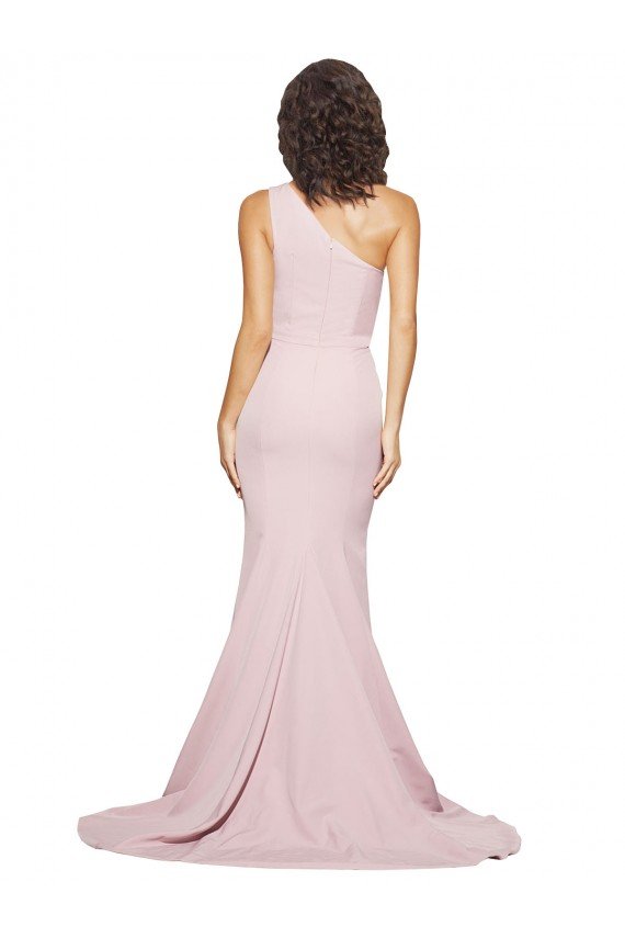 Affordable Long Sweep Train One Shoulder Crepe Bridesmaid Dress / Prom Dress with Side Leg Split
