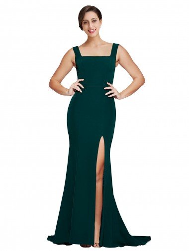 Affordable Fitted Square Neck Long Crepe Bridesmaid Dress / Prom Dress with Train and Side Split