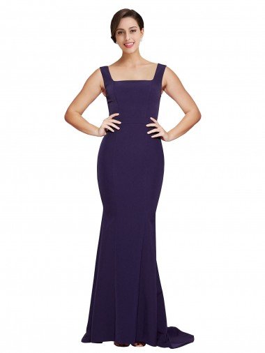 Affordable Square Neck Long Sweep Train Crepe Bridesmaid Dress / Prom Dress with Thick Straps