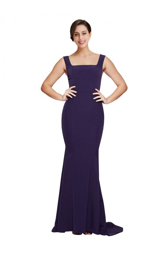 Affordable Square Neck Long Sweep Train Crepe Bridesmaid Dress / Prom Dress with Thick Straps
