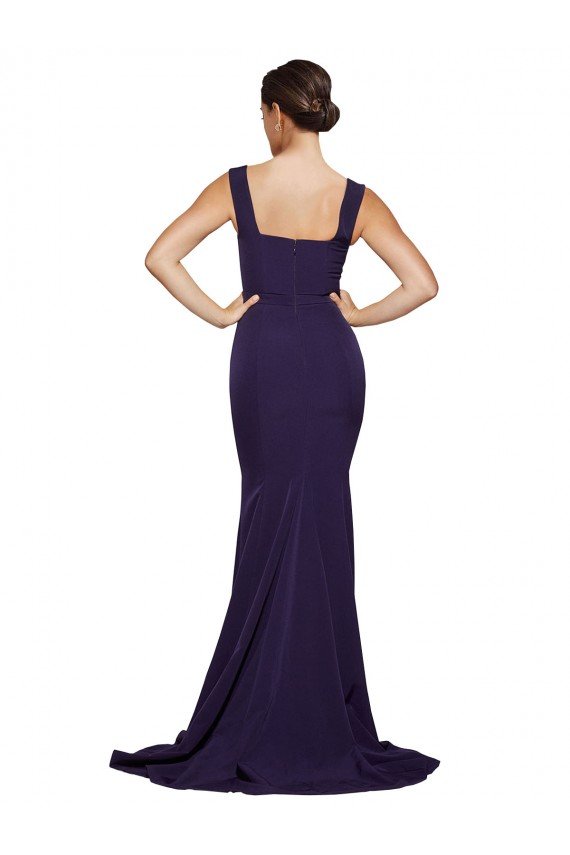 Affordable Square Neck Long Sweep Train Crepe Bridesmaid Dress / Prom Dress with Thick Straps