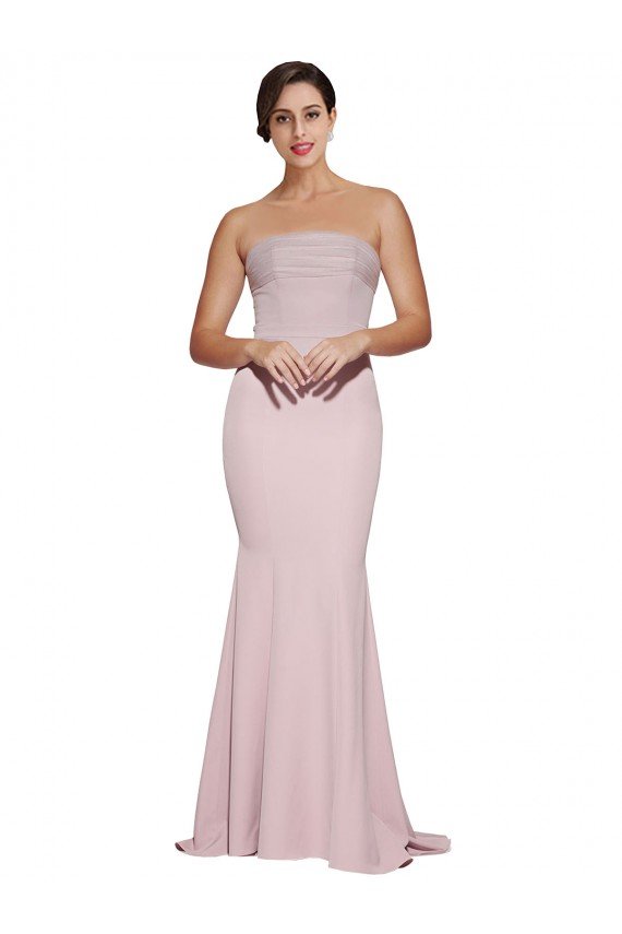 Affordable Straight Neck Long Strapless Formal Crepe Bridesmaid Dress / Prom Dress with Soft Tulle Overlay and Small Train