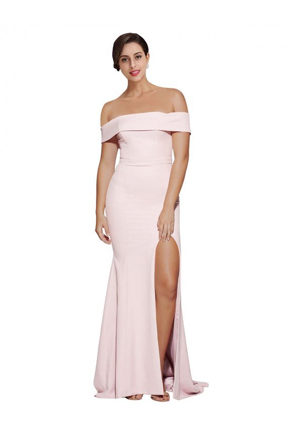 Affordable Off Shoulder Long Formal Crepe Bridesmaid Dress / Prom Dress with Straight Neckline and Side Split