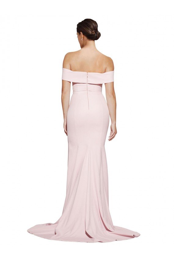 Affordable Off Shoulder Long Formal Crepe Bridesmaid Dress / Prom Dress with Straight Neckline and Side Split