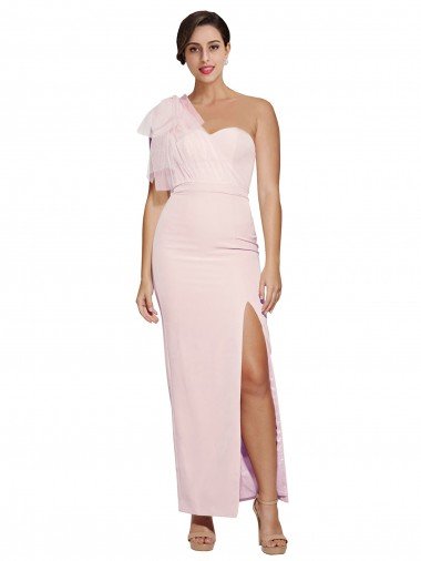 Affordable One Shoulder Tulle Overlay Sweetheart Neckline Long Formal Crepe Bridesmaid Drss with Thigh Split
