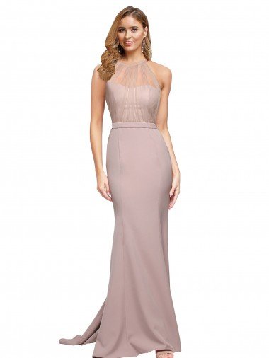 Affordable Long Sweetheart Formal Crepe Bridesmaid Dress / Prom Dress with High Neck Illusion Tulle Details