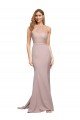 Affordable Long Sweetheart Formal Crepe Bridesmaid Dress / Prom Dress with High Neck Illusion Tulle Details