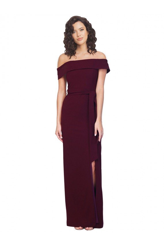 Affordable Fitted Full Length Off the Shoulder Formal Crepe Bridesmaid Dress / Prom Dress with Side Split and Waist Tie