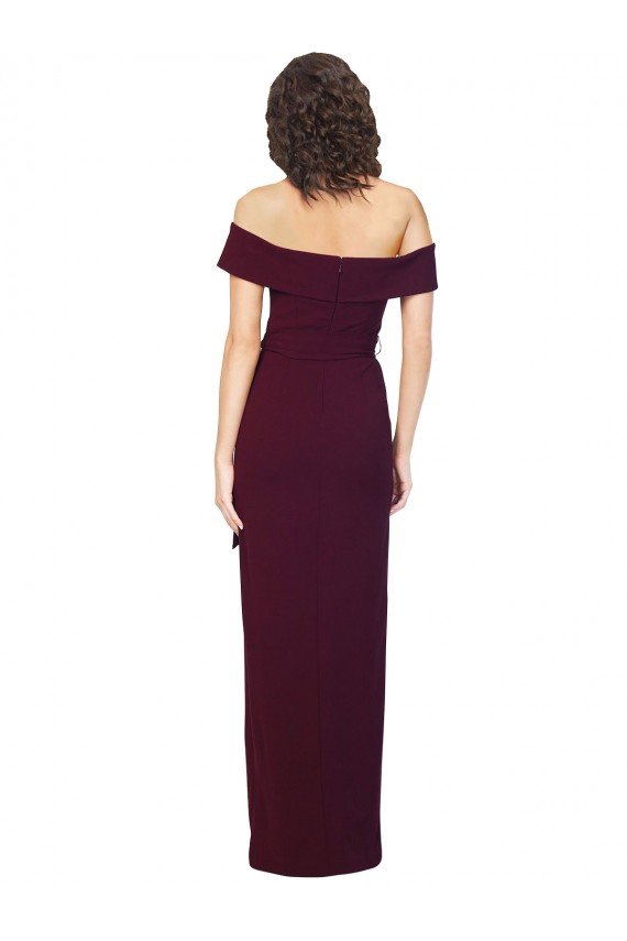 Affordable Fitted Full Length Off the Shoulder Formal Crepe Bridesmaid Dress / Prom Dress with Side Split and Waist Tie