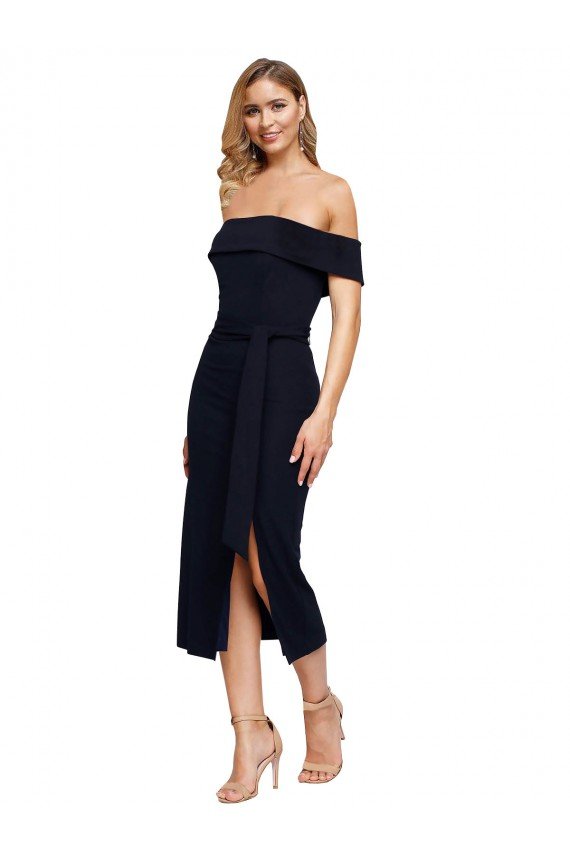 Affordable Fitted Short Cocktail Midi Length Off the Shoulder Formal Crepe Bridesmaid Dress / Prom Dress with Side Split and Waist Tie