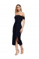 Affordable Fitted Short Cocktail Midi Length Off the Shoulder Formal Crepe Bridesmaid Dress / Prom Dress with Side Split and Waist Tie