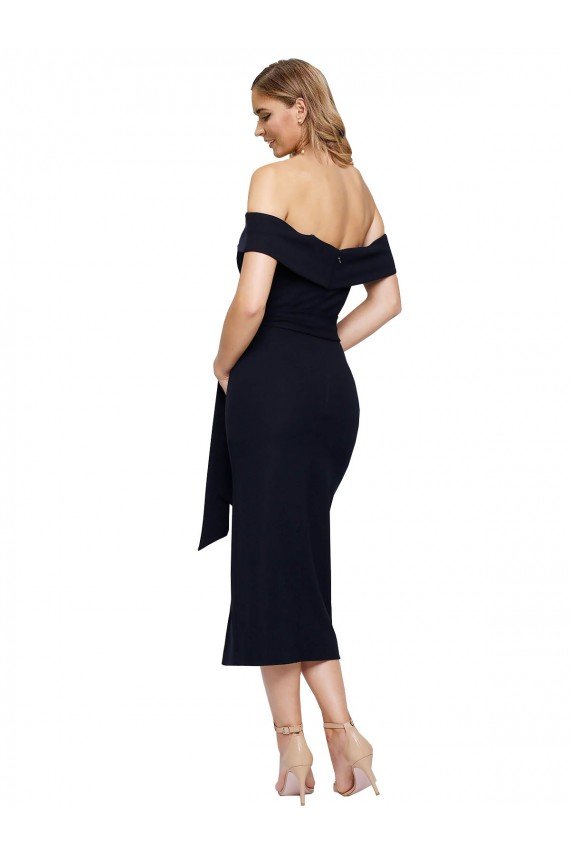 Affordable Fitted Short Cocktail Midi Length Off the Shoulder Formal Crepe Bridesmaid Dress / Prom Dress with Side Split and Waist Tie