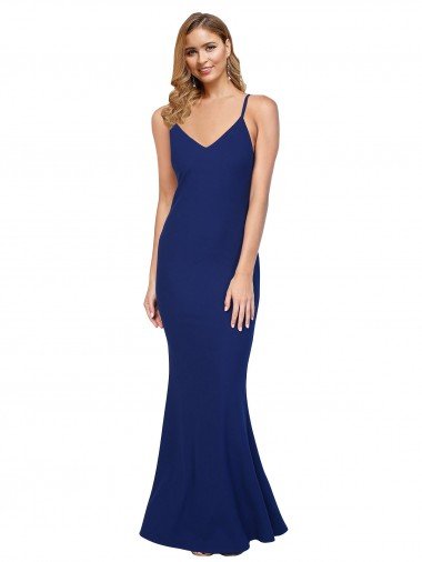 Affordable Full Length V-Neckline Formal Crepe Bridesmaid Dress / Prom Dress with Thin Straps and Fulted Skirt