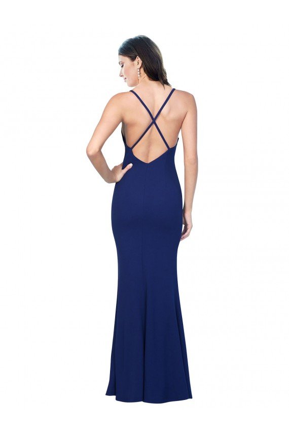 Affordable Full Length V-Neckline Formal Crepe Bridesmaid Dress / Prom Dress with Thin Straps and Fulted Skirt
