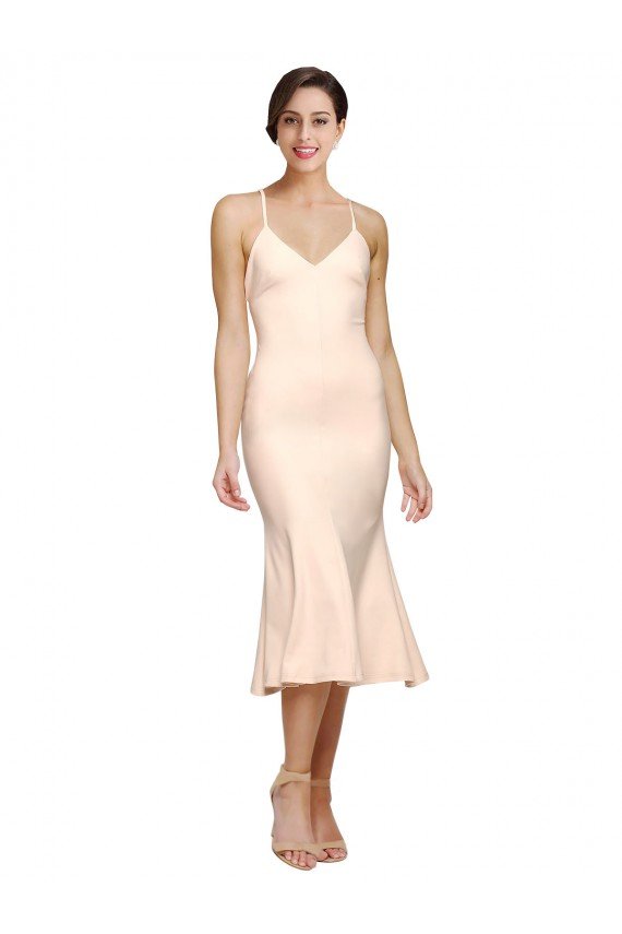 Affordable Midi Cocktail Length V-Neckline Crepe Bridesmaid Dress / Prom Dress with Thin Straps and Fulted Skirt