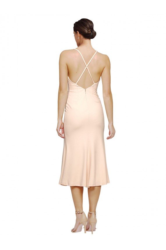 Affordable Midi Cocktail Length V-Neckline Crepe Bridesmaid Dress / Prom Dress with Thin Straps and Fulted Skirt