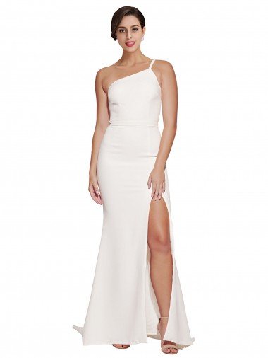 Affordable Long Sweep Train Crepe Bridesmaid Dress / Prom Dress with Side Split and One Strap